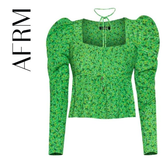 NEW AFRM Hough Tie Neck Peplum Top In Vert Ditsy Medium - Picture 2 of 8